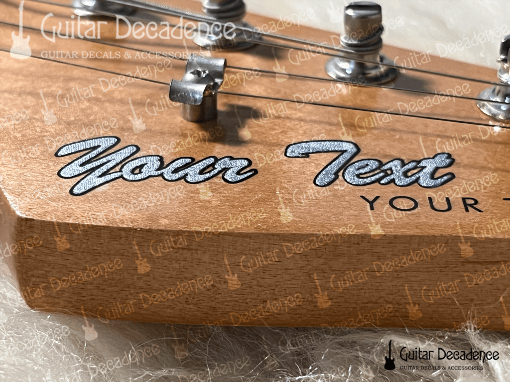 Metallic Silver Silk Screen Printed Guitar Headstock Waterslide Decal from close up
